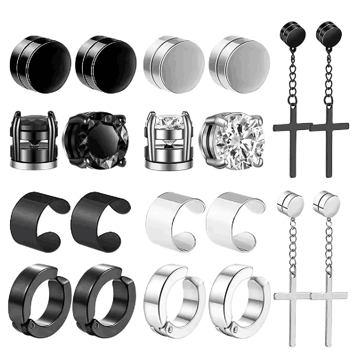 10 Pairs of fashionable men's round zircon asymmetric leaf stainless steel magnet earring set without ear holes Set ﻿