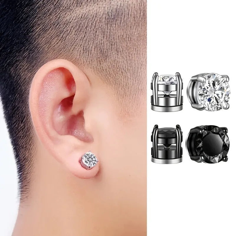 10 Pairs of fashionable men's round zircon asymmetric leaf stainless steel magnet earring set without ear holes Set ﻿