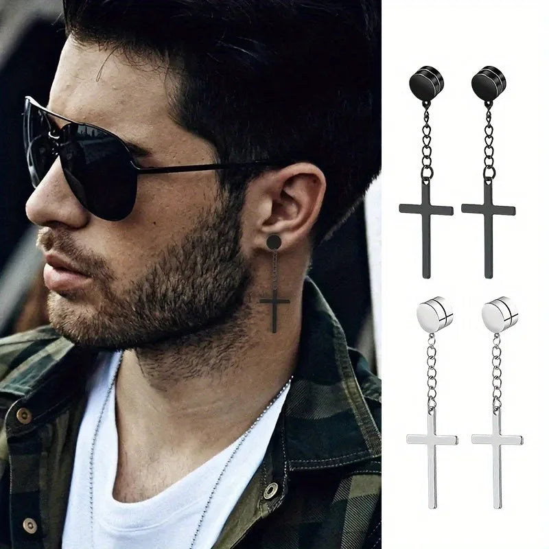 10 Pairs of fashionable men's round zircon asymmetric leaf stainless steel magnet earring set without ear holes Set ﻿
