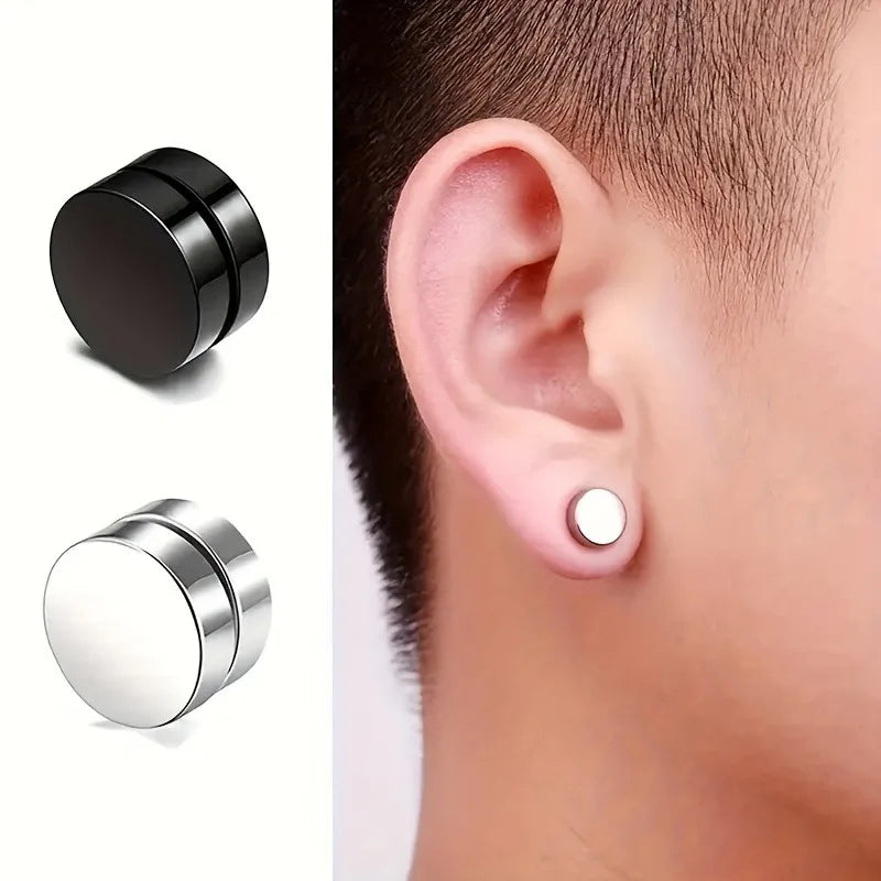 10 Pairs of fashionable men's round zircon asymmetric leaf stainless steel magnet earring set without ear holes Set ﻿